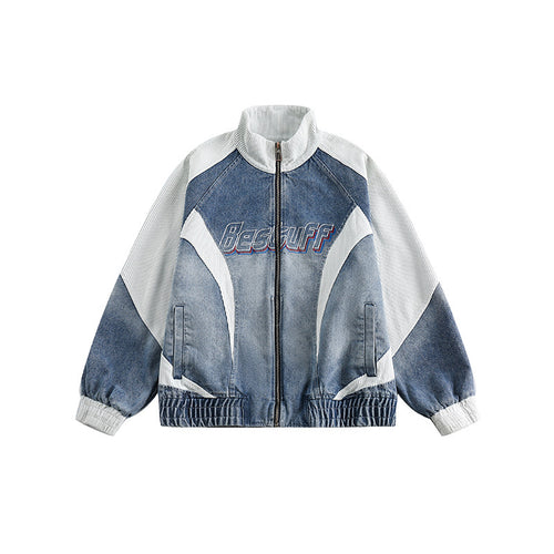 Unisex Boxy-Jeansjacke im Patchwork-Look mit Stehkragen und Reißverschluss Shop Nory