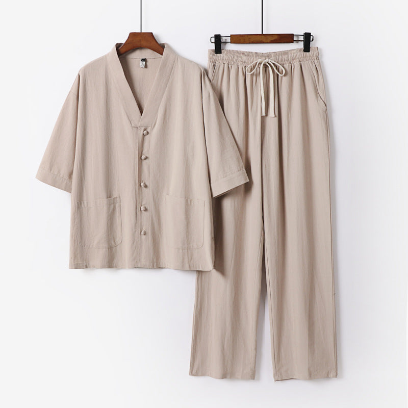 Herren Kimono-Zweiteiler aus Leinenmischung mit V-Ausschnitt, aufgesetzten Taschen und Kordelbundhose Shop Nory
