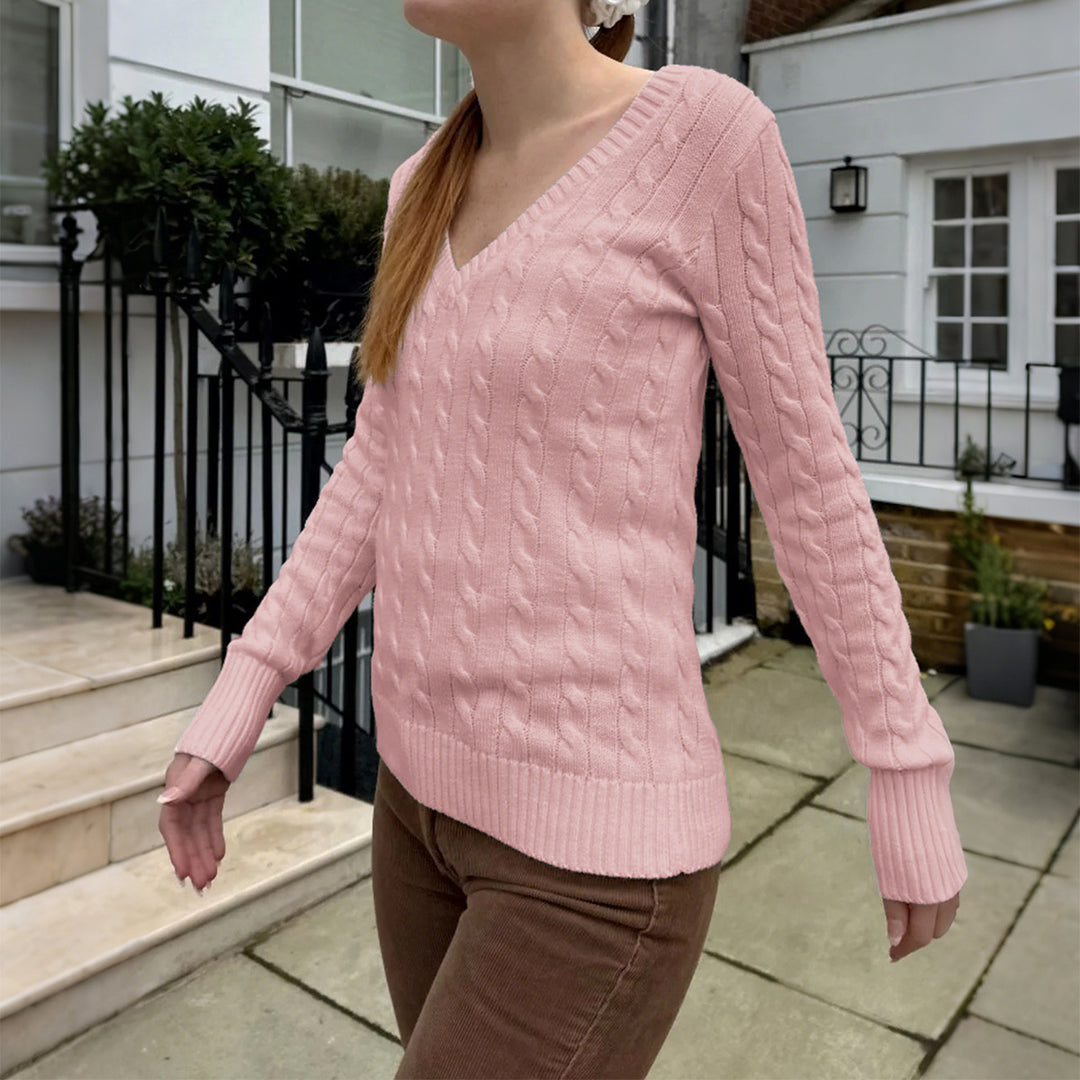 Damen nan Feinstrickpullover mit Zopfmuster, tiefem V‑Ausschnitt und schmaler Bundpassform Shop Nory