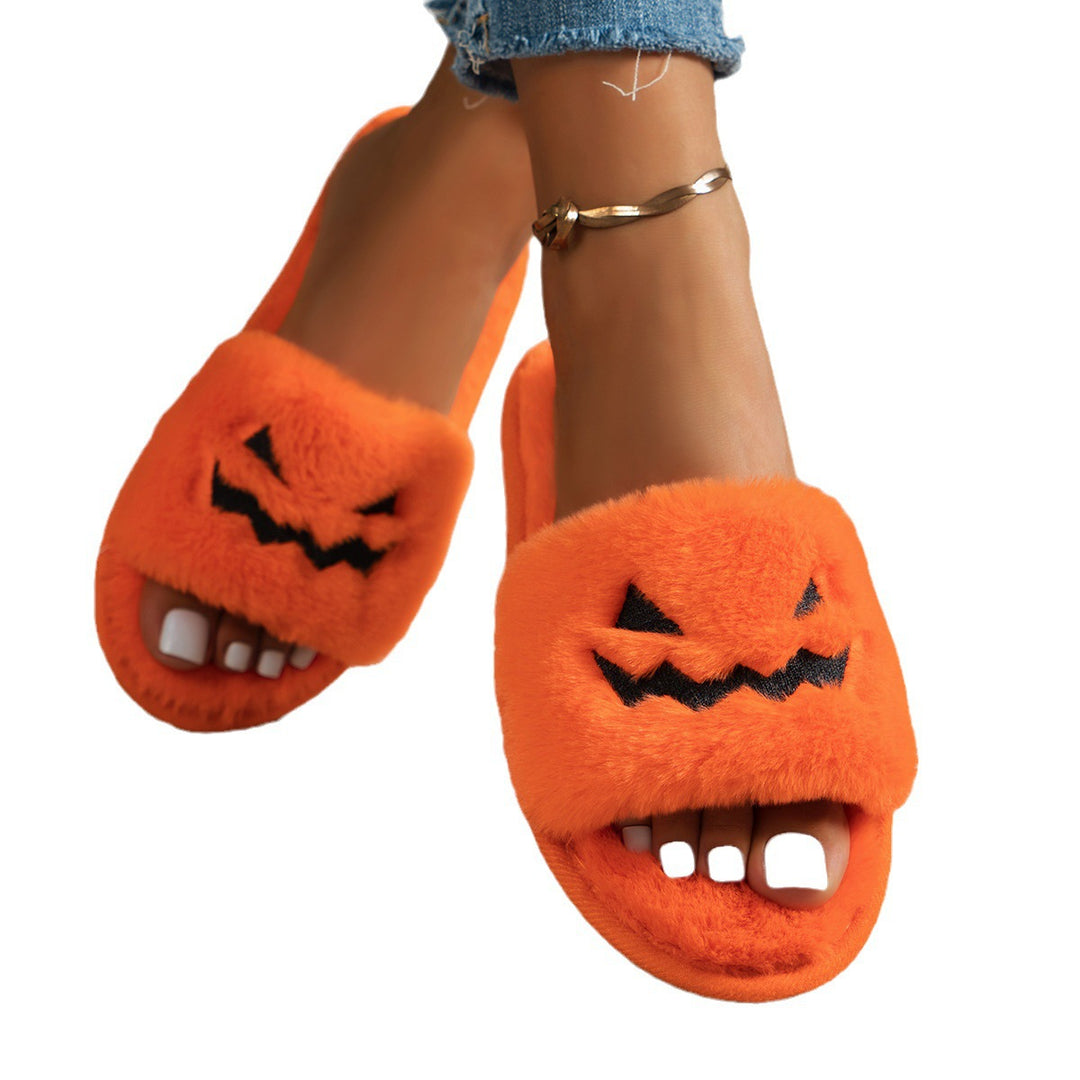 Damen Flauschige Hausslipper mit gesticktem Kürbisgesicht und rutschfester Sohle Shop Nory