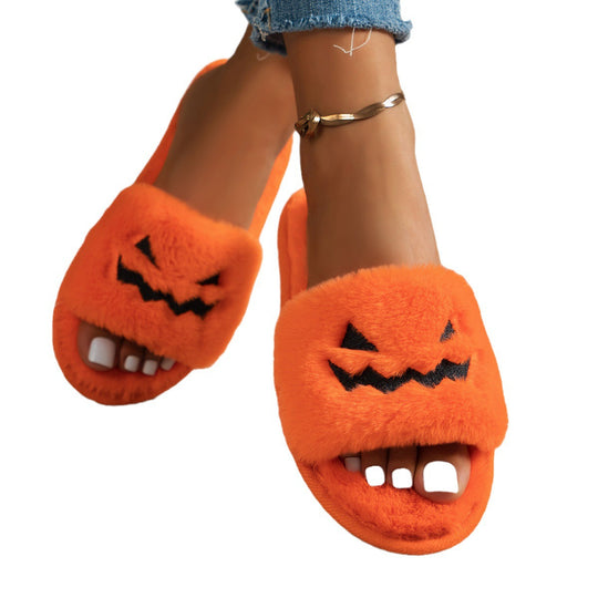Damen Flauschige Hausslipper mit gesticktem Kürbisgesicht und rutschfester Sohle Shop Nory