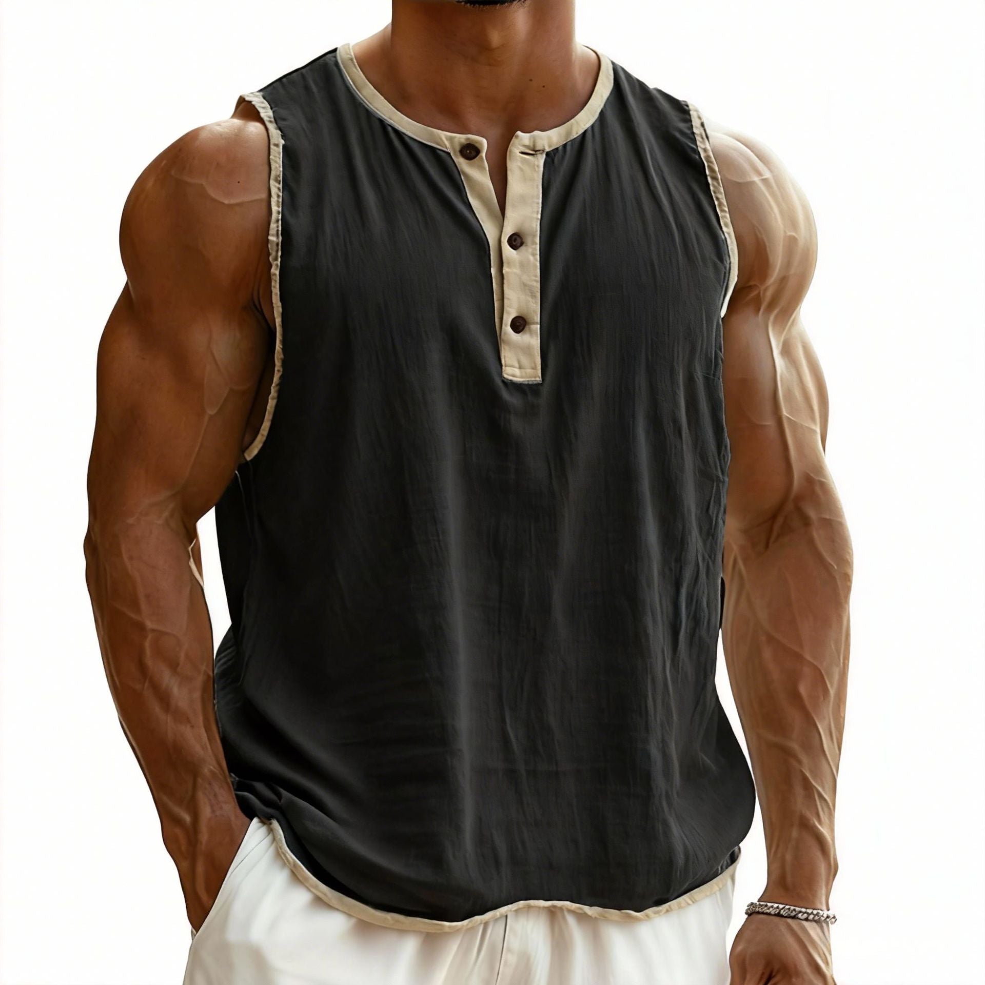 Herren nan ärmelloses Henley-Muskelshirt mit Knopfleiste und kontrastierter Einfassung