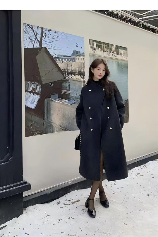Damen Oversize Wollmix-Mantel mit doppelreihiger Knopfleiste, Stehkragen und überschnittener Schulter Shop Nory