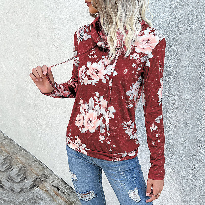 Damen Floraler Leichter Kapuzenpullover mit Wasserfallkragen und Tunnelzug Shop Nory