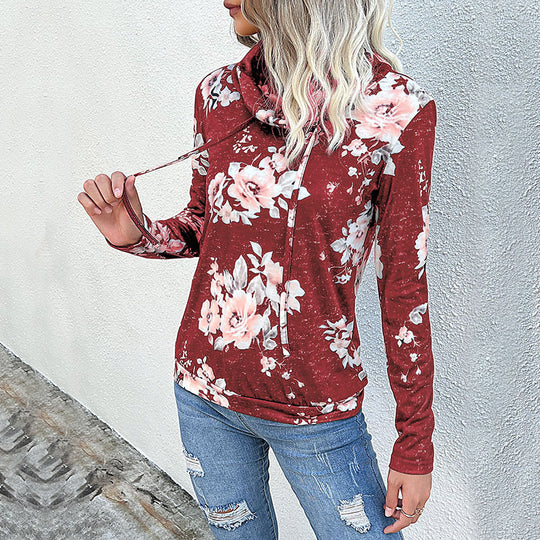 Damen Floraler Leichter Kapuzenpullover mit Wasserfallkragen und Tunnelzug Shop Nory