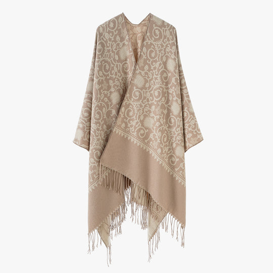 Damen Jacquard-Ruana mit ornamentalem Bordürenmuster und Fransensaum Shop Nory