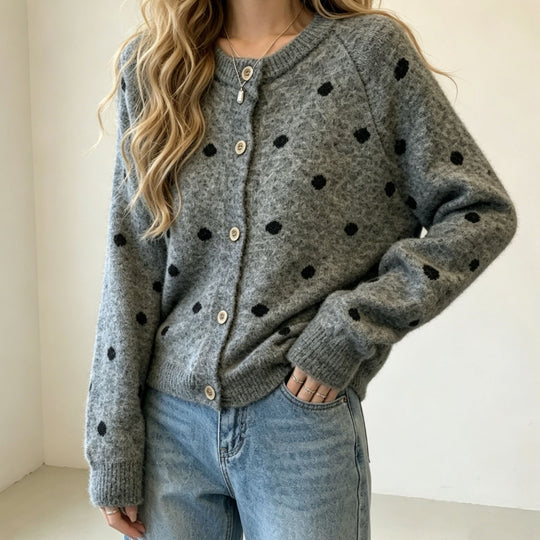 Damen Gepunkteter Mohair‑Optik Button‑Cardigan mit Rundhalsausschnitt Shop Nory