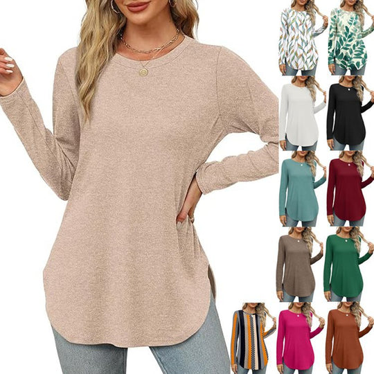 Damen Lässiges Longsleeve-Tunikaoberteil mit Rundhalsausschnitt, Seitenschlitzen und Aquarell-Blattprint Shop Nory