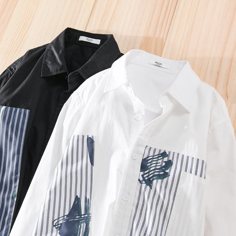 Herren Casual-Overshirt aus Baumwollpopeline mit gestreiften Patch-Einsätzen und Pinselprint Shop Nory
