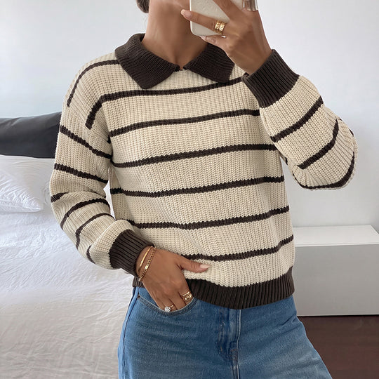 Damen Modischer Strickpullover mit Kragen und Blockstreifen Shop Nory