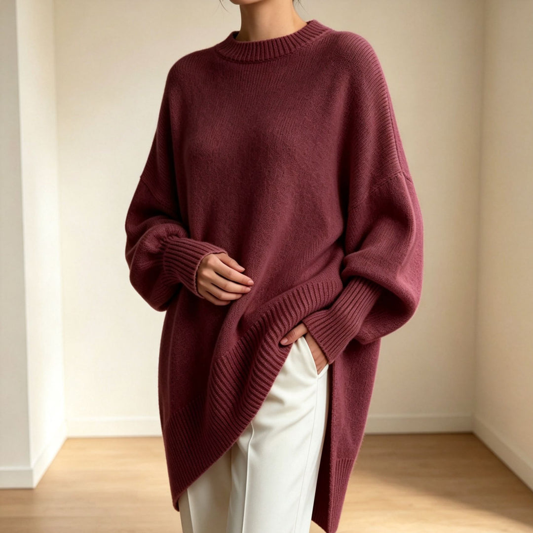 Damen Oversize Longline Feinstrick-Pullover mit Raglanärmeln und geripptem Saum Shop Nory