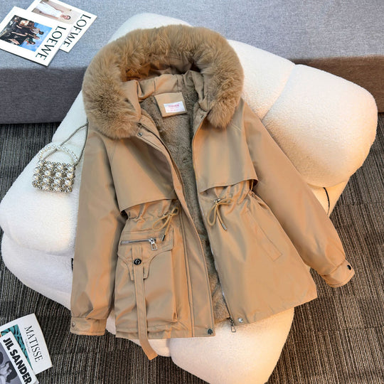 Damen nan wattierter Parka mit abnehmbarem Kunstfellkragen, Tunnelzugtaillierung und Reißverschlusstaschen Shop Nory