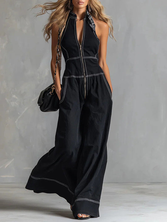 Damen Ärmelloser Halter-Jumpsuit mit Reißverschluss, weitem Bein und Eingrifftaschen Shop Nory