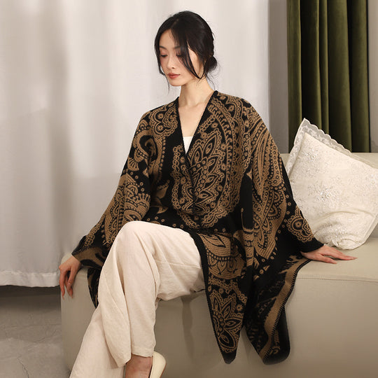 Damen Jacquard-Wollcape mit Paisley-Muster und offenem Überwurf Shop Nory