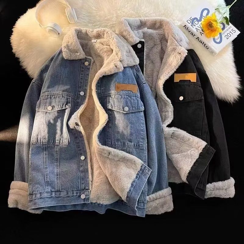 Damen oversized Jeansjacke mit Innenfutter aus Teddyfell