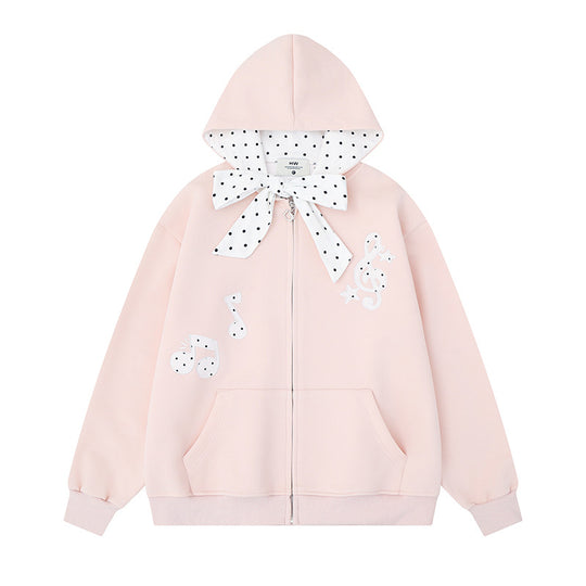 Damen Kapuzensweatjacke mit gepünktetem Kapuzenfutter, dekorativer Schleife und Notenmotiv Shop Nory