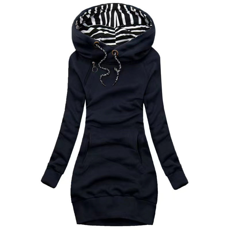 Damen Hoodie-Midi-Kleid mit weitem Funnel-Neck, gestreifter Innenseite und Kängurutaschen Shop Nory