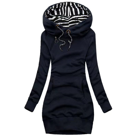 Damen Hoodie-Midi-Kleid mit weitem Funnel-Neck, gestreifter Innenseite und Kängurutaschen Shop Nory