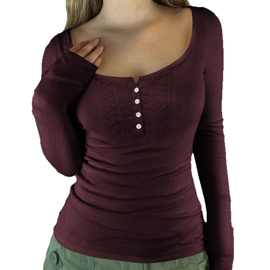 Damen nan tailliertes Langarmshirt mit quadratischem Ausschnitt, Knopfleiste und feiner Spitzenblende Shop Nory