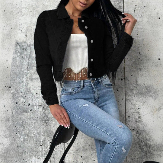 Damen Kurz geschnittene taillierte Jeansjacke mit durchgehender Knopfleiste und Hemdkragen Shop Nory