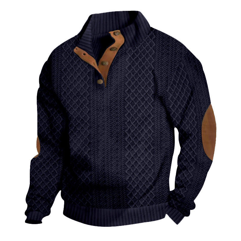 Herren nan grober Strickpullover mit Stehkragen Lederbesatz und Ellenbogenaufnähern Shop Nory