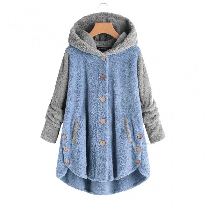 Damen Oversized Teddy-Mantel mit Kapuze, asymmetrischem Zipfelsaum und Holzknopf-Leiste Shop Nory