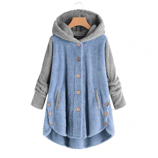 Damen Oversized Teddy-Mantel mit Kapuze, asymmetrischem Zipfelsaum und Holzknopf-Leiste Shop Nory