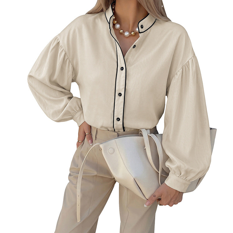 Damen Bluse mit Stehkragen, kontrastierender Paspelierung und Ballonärmeln Shop Nory