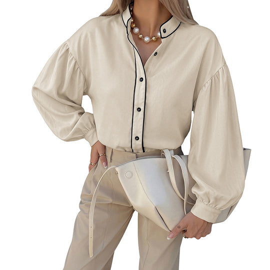 Damen Bluse mit Stehkragen, kontrastierender Paspelierung und Ballonärmeln Shop Nory