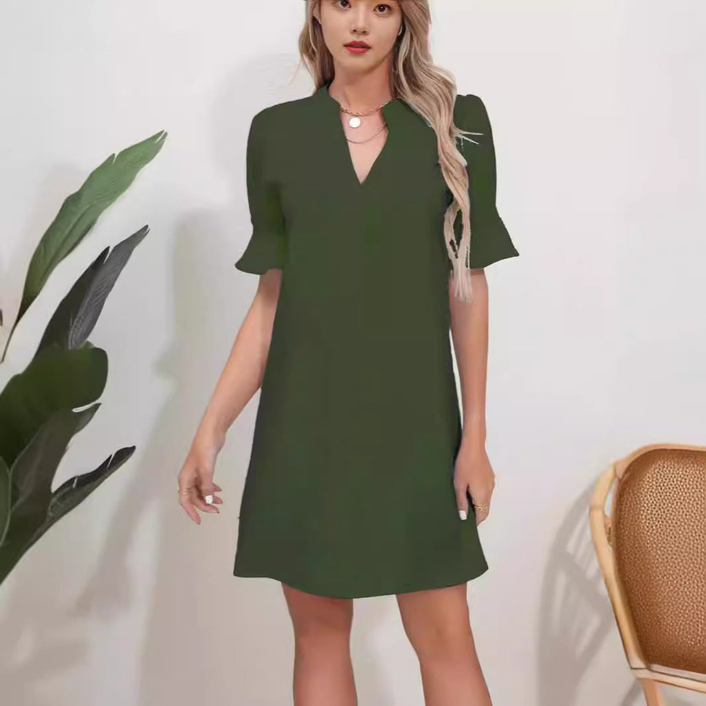 Damen Elegantes Kurzarm-Kleid mit V-Ausschnitt und Schößchen
