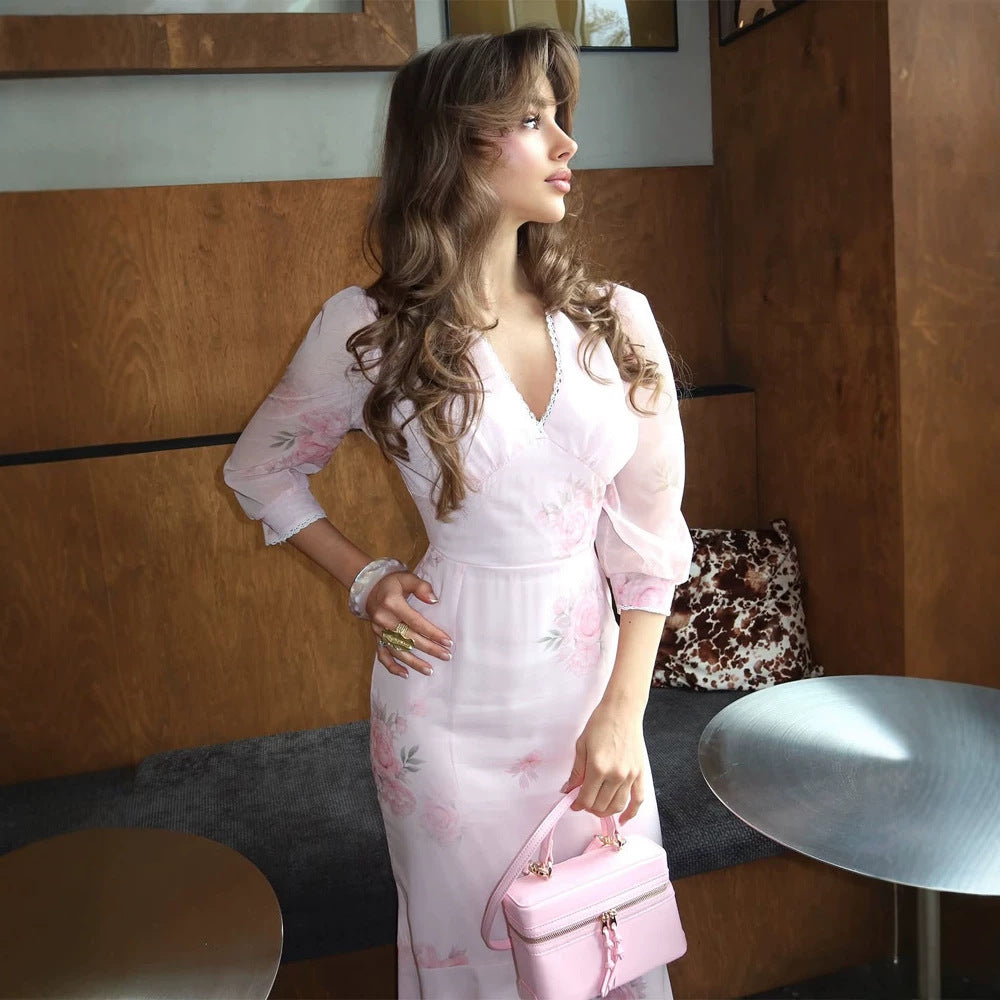 Damen Elegantes Maxikleid im Meerjungfrau‑Schnitt mit V‑Ausschnitt und transparenten Puffärmeln Shop Nory