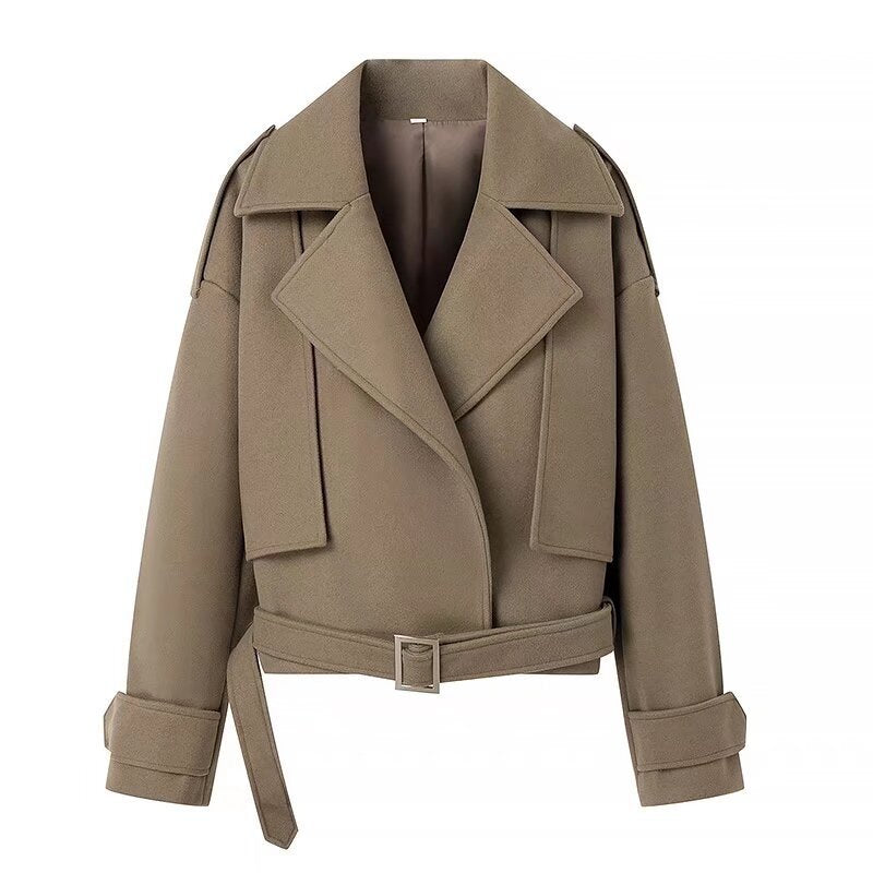 Damen Kurzer Wollmix-Trench mit Gürtel, Epauletten und weitem Revers Shop Nory