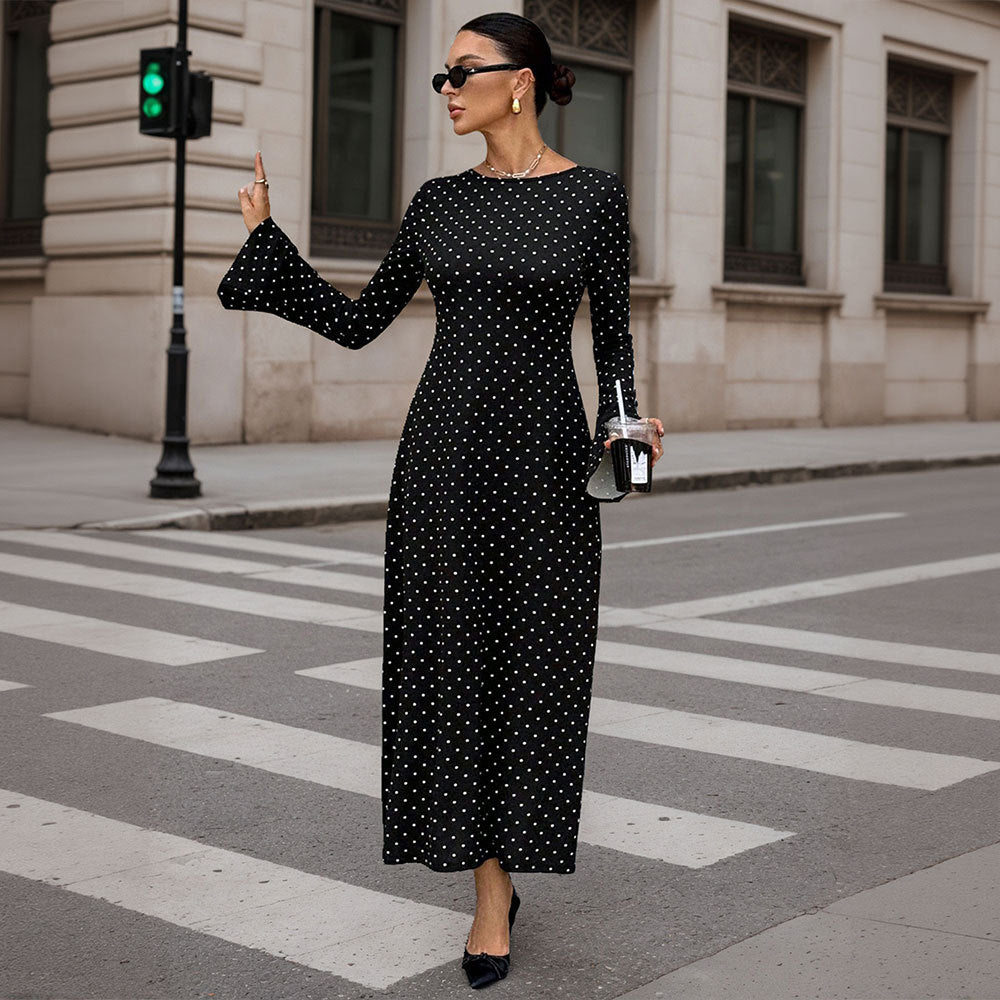 Damen elegantes Polka‑Dot Maxikleid mit tailliertem Oberteil, Trompetenärmeln und fließendem A‑Linien‑Rock Shop Nory