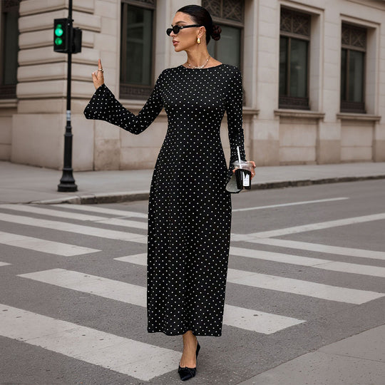 Damen elegantes Polka‑Dot Maxikleid mit tailliertem Oberteil, Trompetenärmeln und fließendem A‑Linien‑Rock Shop Nory