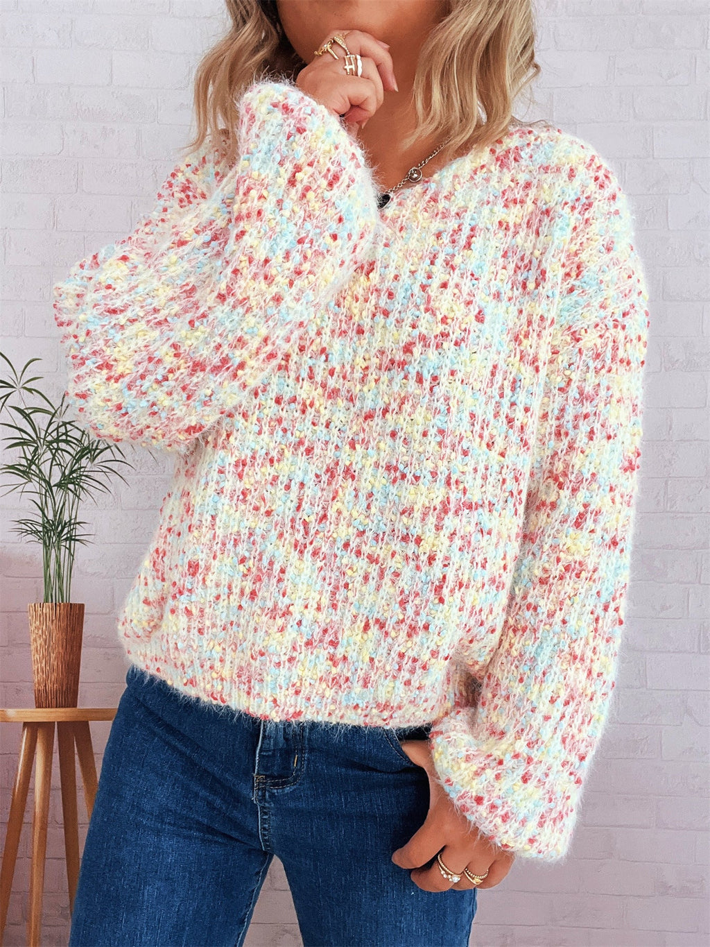 Damen komfortabler Strickpullover mit buntem Strukturmuster und weit geschnittenen Ärmeln
