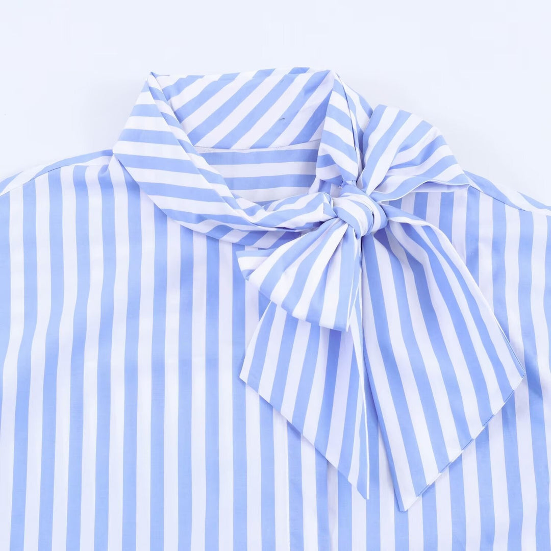 Damen Blusenshirt mit dekorativem Schleifenelement und modischem Streifenmuster Shopnory