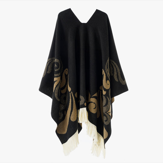 Damen Wollmix-Poncho im Umhangstil mit V-Ausschnitt, kontrastierendem Ornament-Jacquard und Fransen Shop Nory