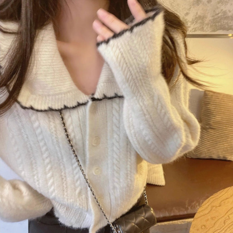 Damen Zopfmuster-Strickcardigan mit großem Matrosenkragen und kontrastkante Shop Nory