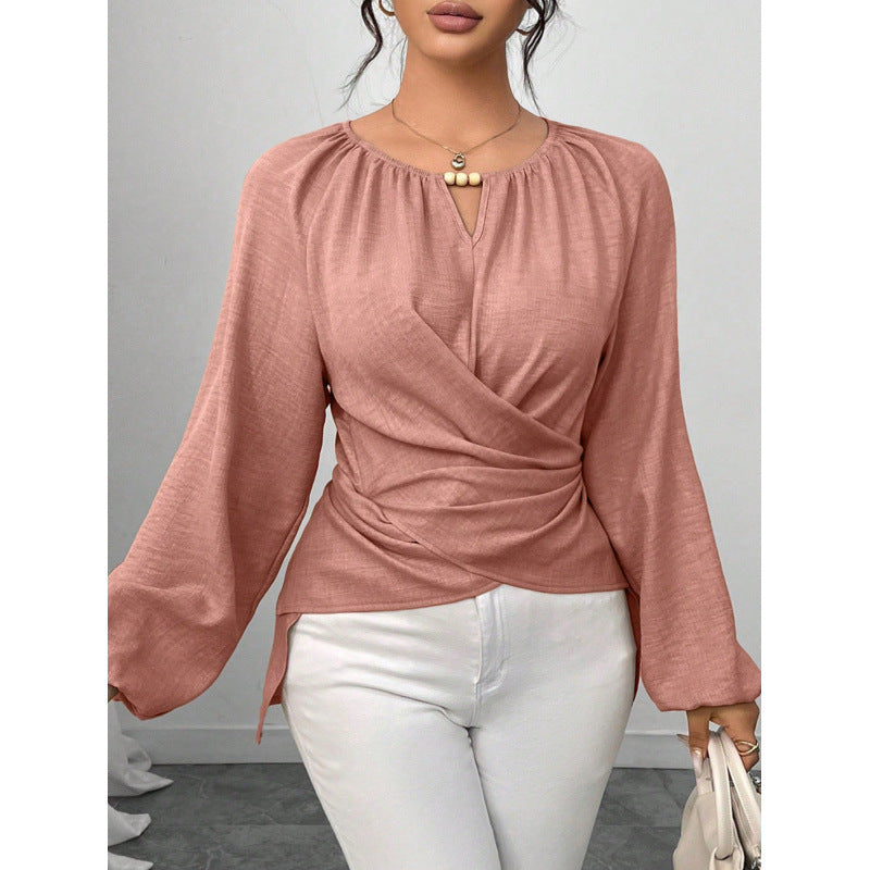 Damen Taillierte Wickelbluse mit Perlendetail und Ballonärmeln Shop Nory