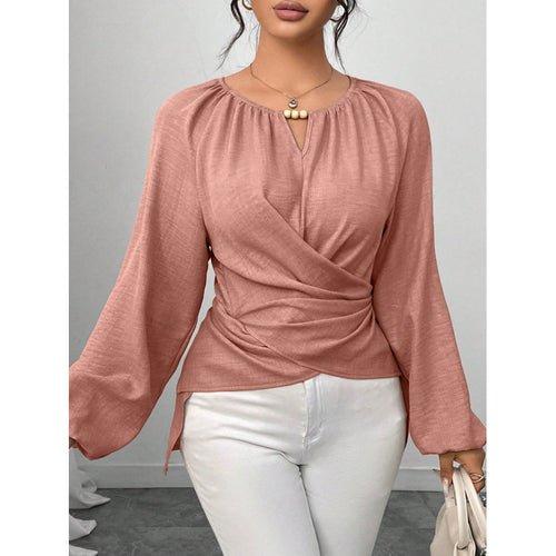 Damen Taillierte Wickelbluse mit Perlendetail und Ballonärmeln Shop Nory