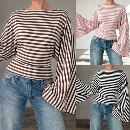 Damen Gestreiftes Shirt mit Carmenausschnitt, taillierter Silhouette und Trompetenärmeln Shop Nory