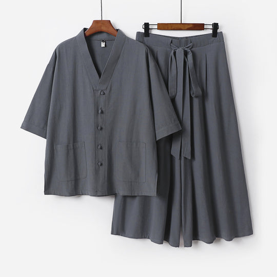 Damen Zweiteiliges Kimono-Lounge-Set mit Kurzarm-Knopfjacke, aufgesetzten Taschen und weiten Palazzo-Hosen Shop Nory