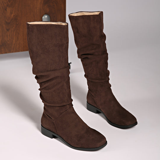 Damen kniehohe Schaftstiefel im Slouch-Look aus Veloursimitat mit rutschfester Gummisohle Shop Nory
