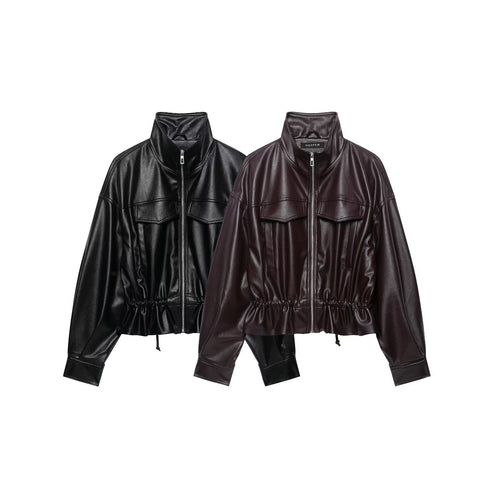 Damen Oversize Kunstleder-Bomberjacke mit Funnelkragen, Tunnelzug-Taille und Pattentaschen Shop Nory