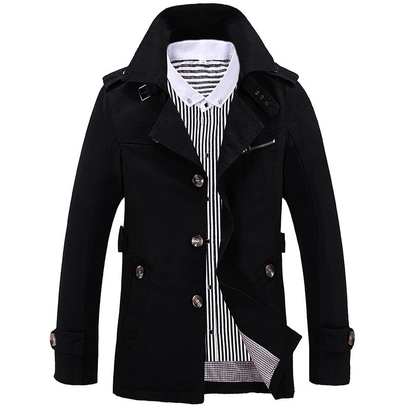 Herren Kurzmantel im Trench‑Stil mit Schulterpatten, Taillenriegel und gestreiftem Innenfutter Shop Nory