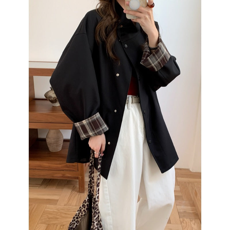 Damen Oversized Kurzjacke mit Druckknopfleiste und karierter Ärmelaufschlag Shop Nory