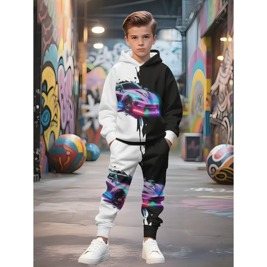Unisex Kinder Jogginganzug mit Kapuzenpullover und detailreichem Auto-Print Shop Nory