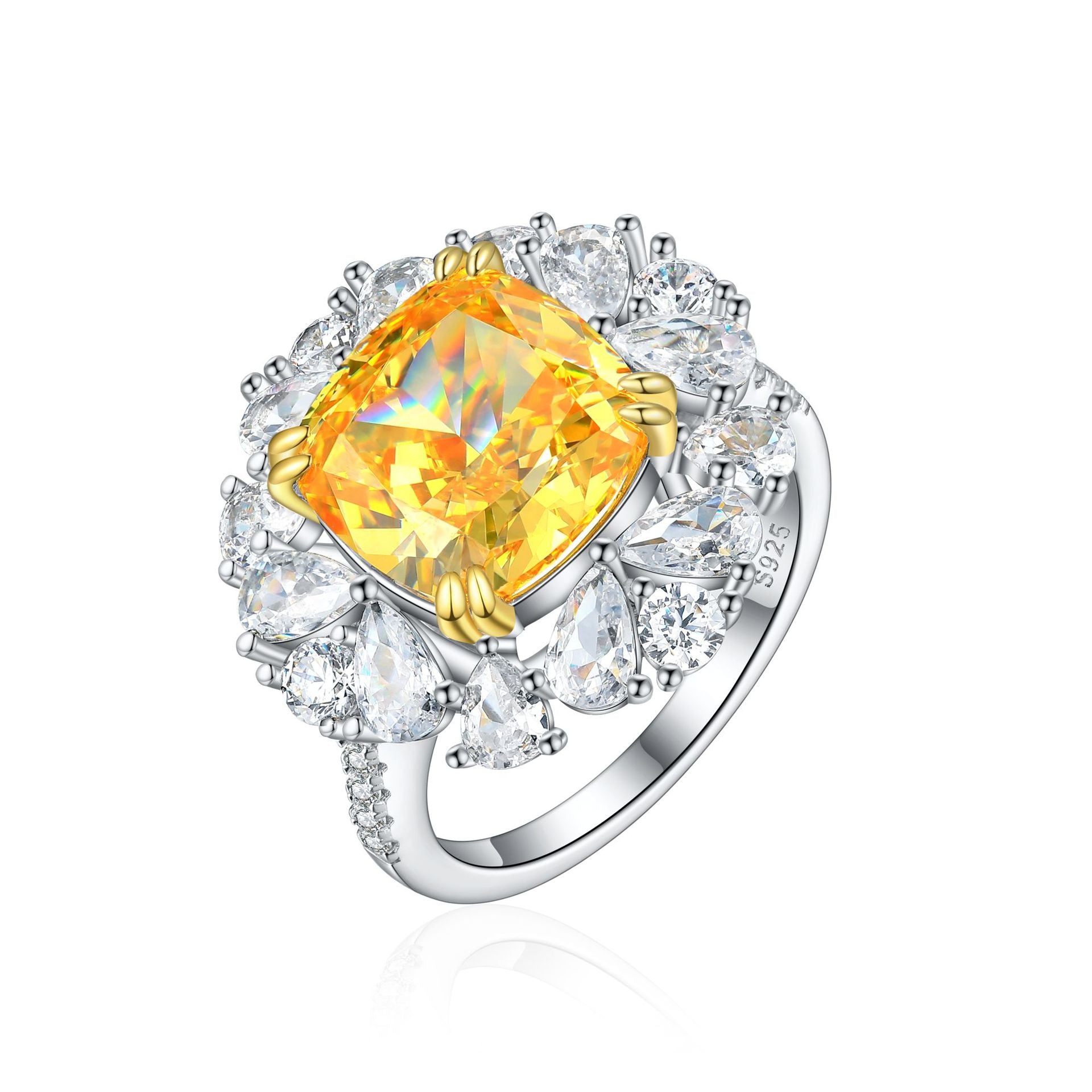 Damen eleganter Ring mit strahlendem gelben Hauptstein und hochwertigem Zirkonia-Besatz Shop Nory