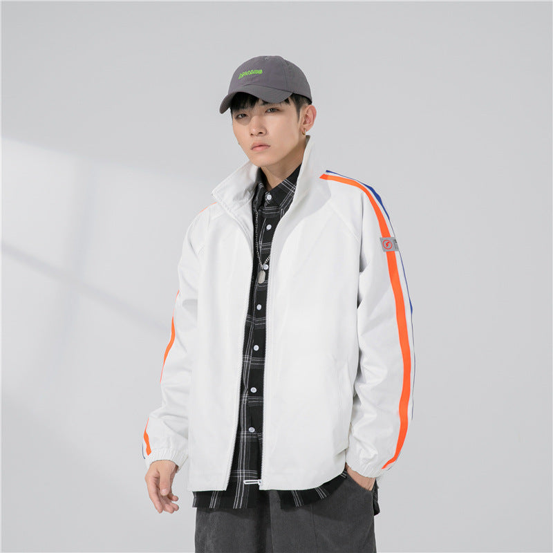 Herren Locker geschnittene Trackjacke mit Stehkragen, kontrastierenden Streifenärmeln und elastischen Bündchen Shop Nory