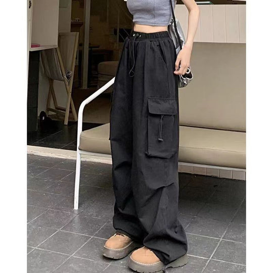 Damen nan Cargo-Hose mit hoher Taille, Elastikbund, großen Klappentaschen und Kordelzug Shop Nory